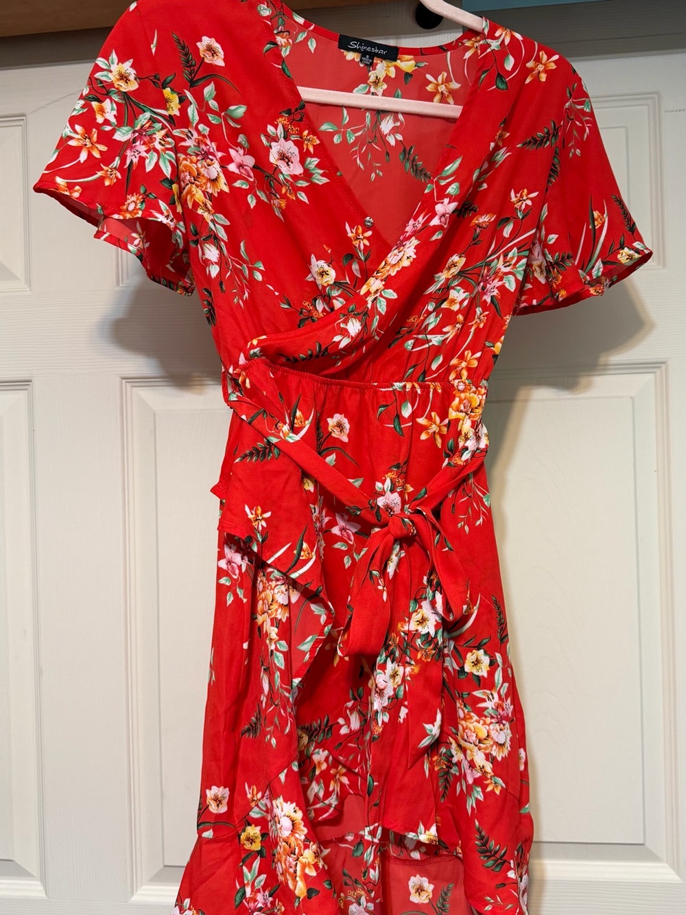 Shinestar Red Floral Wrap Dress with Tie Waist